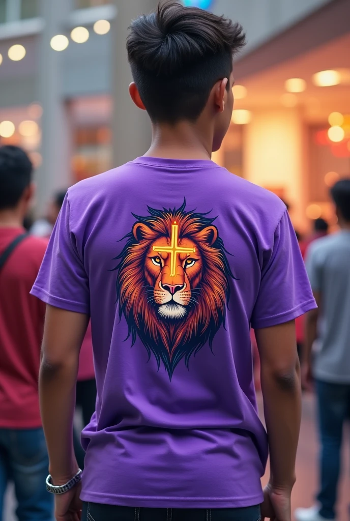 A purple t-shirt to wear to a youth conference,on the front without anything and on the back with a theme it is with a lion and a cross