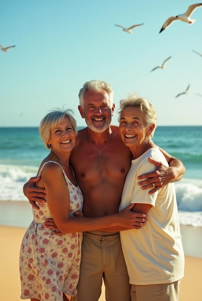 Brazilian man on the beach with his parents hugging