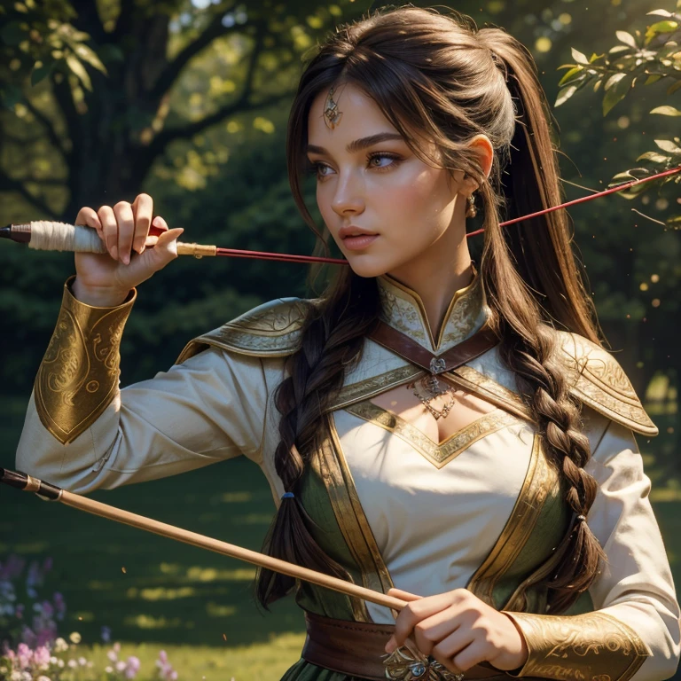 (masterpiece, best quality:1.5), highest quality, High resolution, super detailed, Realists, Upper body photo of a brunette archer, detailed and beautiful eyes, beautiful detailed lips, very detailed eyes and face, longeyelashes, Archer in battle dress, Elegant details in the fabric. Beautiful and colorful makeup, ponytail hairstyle, Gardens as background, bright daylight, bright colors, fine brushstrokes, Portrait style, beautiful color palette, glowing skin, First-class rendering, that captures every detail, enchanting atmosphere, (perfect anatomy:1.2), (The stunning archer holds a bow. (magnificent panorama view:1.2)