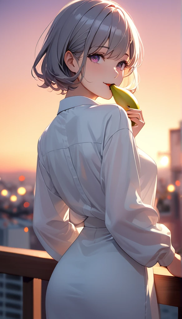 (masterpiece:1.5), (Beet quality), (High resolution), One Girl Solo, Beautiful Face,smile(Shining Eyes), Light effects, Long sleeve dress with no revealing, Gray Hair Color, Short-haired woman, look back, Twilight BackgroundSmile, Hold in mouth,Eating a banana,バナナをHold in mouth