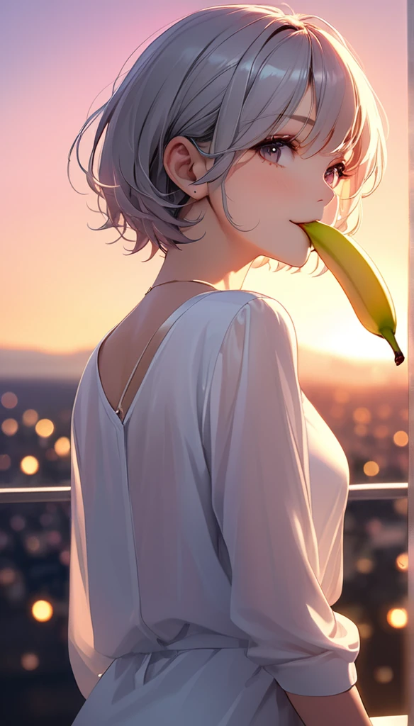 (masterpiece:1.5), (Beet quality), (High resolution), One Girl Solo, Beautiful Face,smile(Shining Eyes), Light effects, Long sleeve dress with no revealing, Gray Hair Color, Short-haired woman, look back, Twilight BackgroundSmile, Hold in mouth,Eating a banana,バナナをHold in mouth