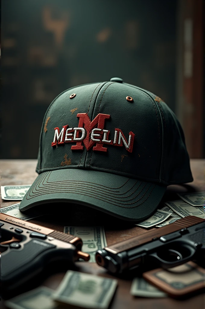 Create me a cap with the initials Medellin and a gun and a bundle of bills