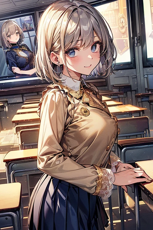 high quality, Hyper-realistic portraits。
(Big eyes、Gentle features、Natural smile)、((Asymmetrical Short Hair:1.8、light brown))、(Mid-chest)、Light skin tone、Healthy and smooth skin、((Navy Blue Blazer:1.8))、(White long sleeve blouse:1.4、Lace collar、Gold Button、School emblem on breast pocket、Navy and white checked pleated skirt:1.5)、Simple silver earrings、Slim wristwatch、 Black Loafers、((In the background is a classroom equipped with advanced digital screens..:1.3))。(Open clothes:1.6)、(Flip up your shirt to show your nipples:1.5、areola only:1.4)、(belly button:1.3)、(Total、Totalを表示:1.4)、
(Overnight stay:1.3)、(Spread your legs:1.3)、
（In the classroom、after school、indoor：1.3）、
(Backlight:1.3)、(Dutch Angle:1.3)、