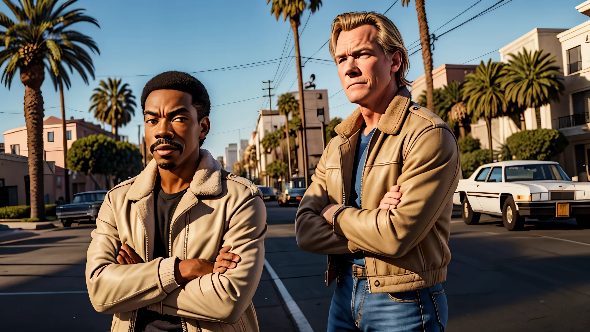 A pre combat of 2 guys. Edward Regan "Eddie" Murphy (left side of image), young, 22 years old, as Beverly Hills Cop, mocking face expression, smiling, slient teeths, beverly hills cop clothes, Detroit Lyons Jacket (1984) (light beige Detroit Lyons jacket), crossed arms, profile view perspective, from the waist up. Nicholas King "Nick" Nolte (right side of image), 40 years old, 48 Hours movie clothes, crossed arms, angry expression, nervous, forehead vein visible. Background: blend San Francisco with Beverly Hills (palm trees). 