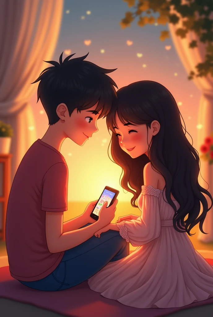 Cute Couple sit together and play yalla ladu game in phone,boy name KD and girl name pesho write bavk side dress 