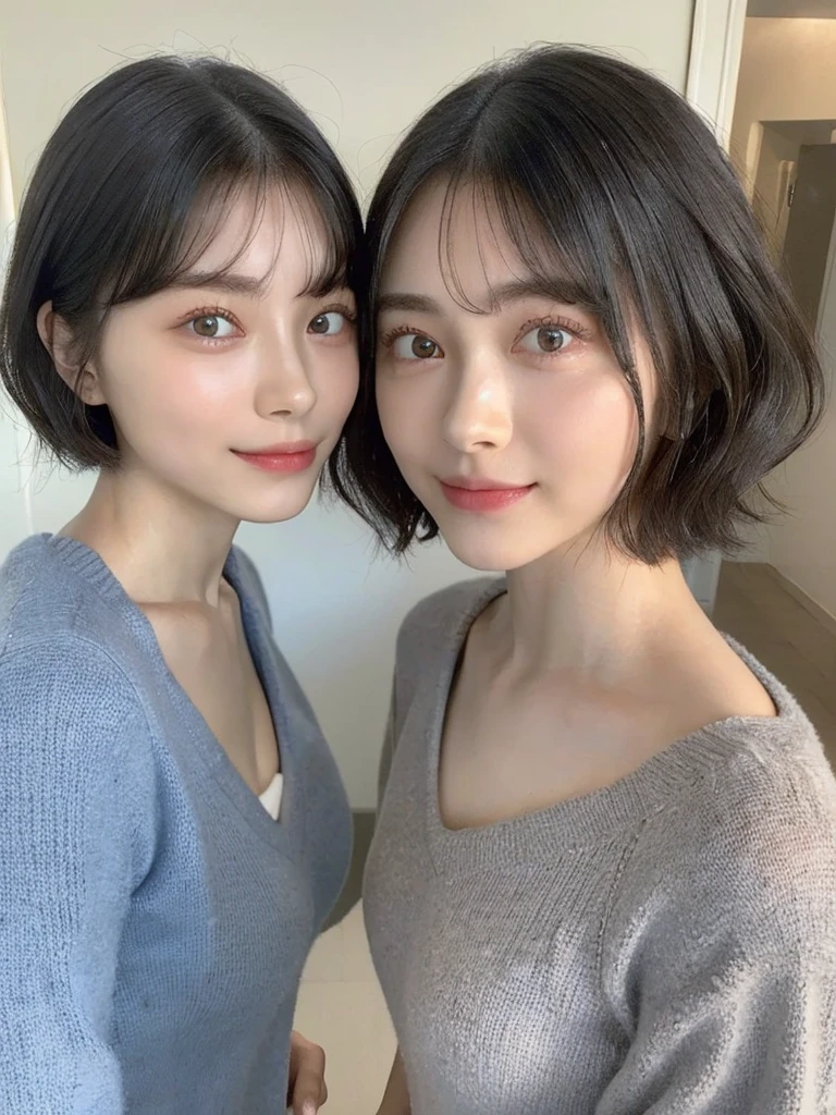 (masterpiece:1.3), (8k, Photoreal, Raw photo, best image quality: 1.4), Japanese high school girl、(random hairstyle:1.2)、cleavage:1.5、super detail face、eye for details、double eyelid、chest to chest、sharp focus:1.2、Beautiful woman:1.4、light brown hair、highest quality、masterpiece、超A high resolution、(Photoreal:1.4)、Highly detailed and professionally lit smiles、loose and light knitwear、shoulder out、thin、serious expression、short haired、deadly position
similar identical twins
All the girls have the exact same face, The two have the same face and figure, as if they were mirror images.