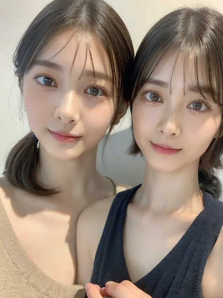 (masterpiece:1.3), (8k, Photoreal, Raw photo, best image quality: 1.4), Japanese high school girl、(random hairstyle:1.2)、cleavage:1.5、super detail face、eye for details、double eyelid、chest to chest、sharp focus:1.2、Beautiful woman:1.4、light brown hair、highest quality、masterpiece、超A high resolution、(Photoreal:1.4)、Highly detailed and professionally lit smiles、loose and light knitwear、shoulder out、thin、serious expression、short haired、deadly position
similar identical twins
All the girls have the exact same face, The two have the same face and figure, as if they were mirror images.