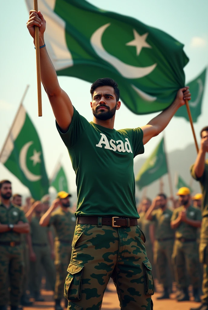 Make a picture in which Pakistani army t-shirt with the name Asad written on it, Pakistan flag in my hand and pakistan army with me, Pakistan flag in my hand and Nawaz Sharif with me.
