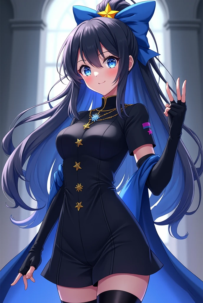 A female character in the style of the anime Demon Slayer who has long black hair loose with a ponytail on top with a blue bow with a yellow star. Her uniform is black and she wears a short-sleeved haori in the same shade of blue as the bow. She wears black gloves that expose her fingers and stylish boots. She also has a star necklace. Her eyes are light blue with stars.