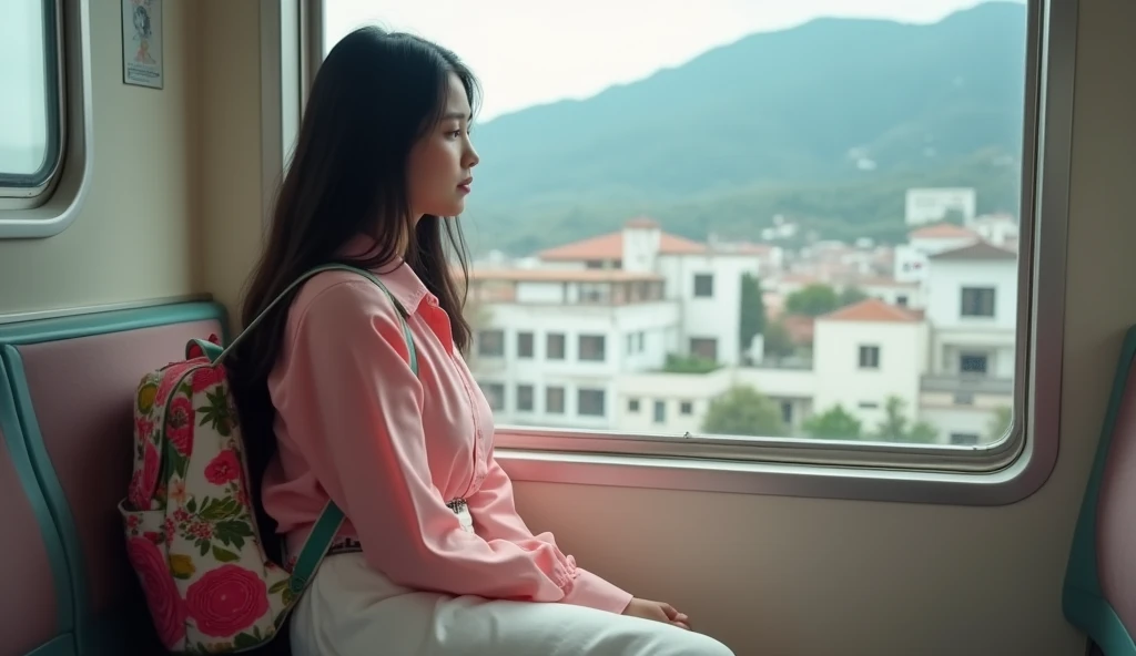 a young woman, with long dark hair, dressed in a pink blouse and a white skirt,with a colorful backpack, sitting on the subway chair, watching the white buildings of Cali and the mountains,through the window melancholic and contemplative atmosphere,  soft lines and pastel colors,
