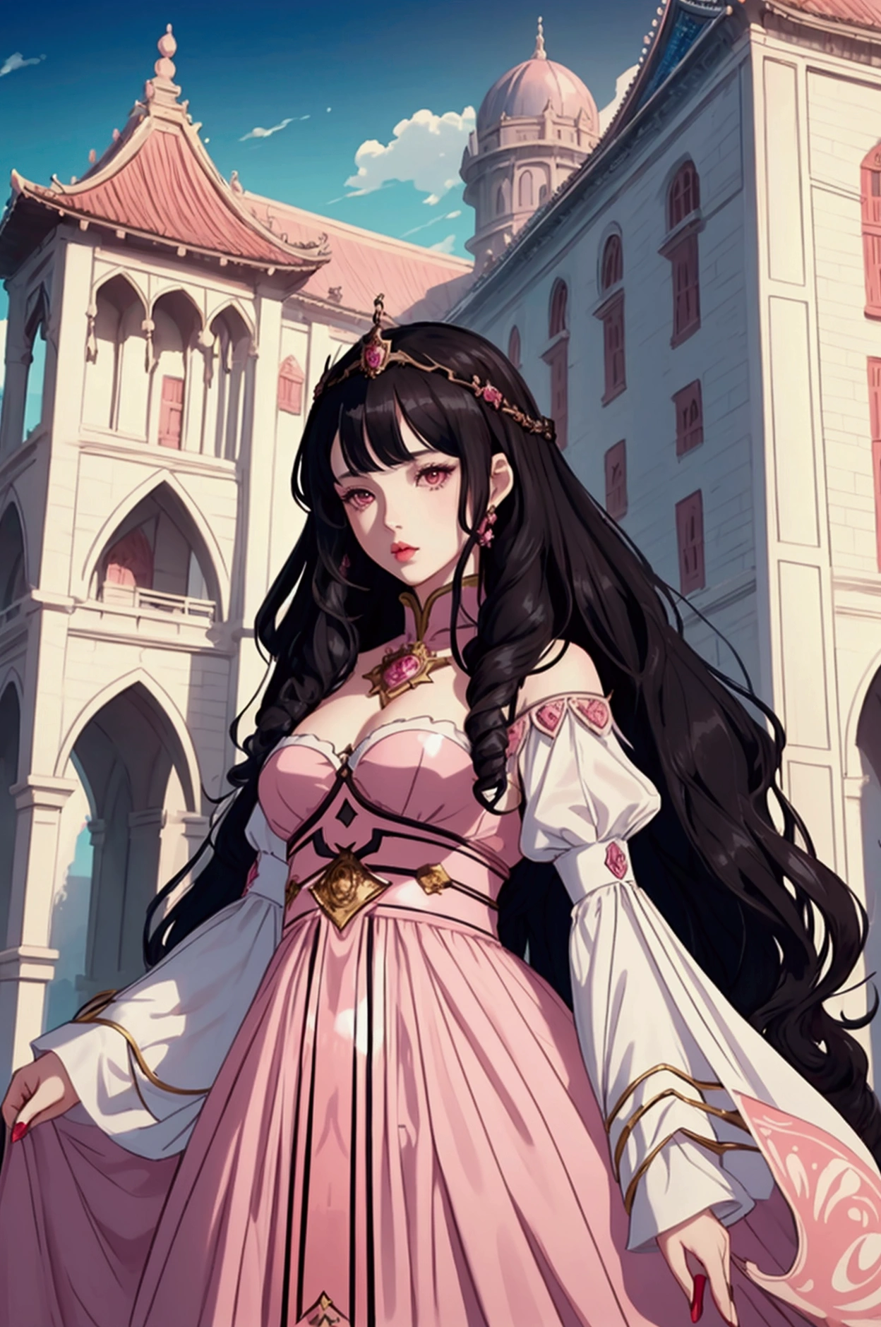 1 girl, Retailer, perfect model, beauty, black hair, long curly hair, Brown eyes, anime, realist, Pale skin, pink lips, Empress dress, imperial palace, majestic scenery, medieval.