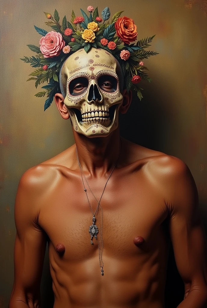 An oil painting of a man with only the upper part wearing a mask from the dance of the old men of Michoacan, Mexico and with an allusion to the Day of the Dead of the Purepecha culture