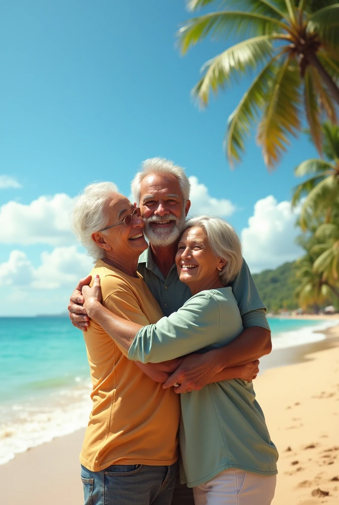 Brazilian man on the beach with his parents hugging