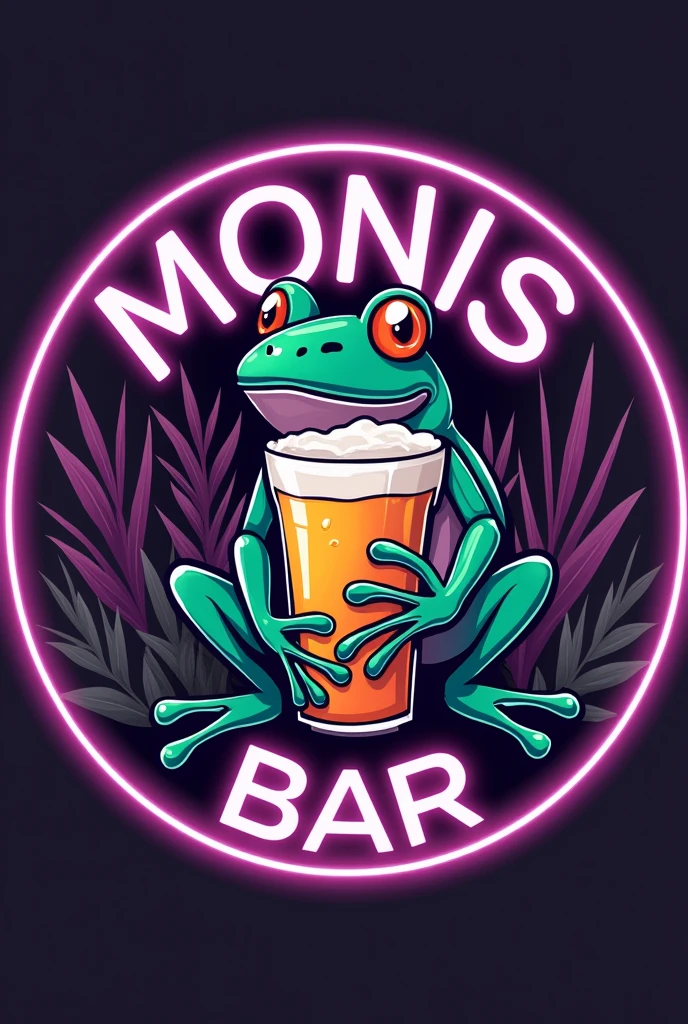 logo for a bar in a circle , what say (MONIS BAR) purple with a frog and a blonde woman