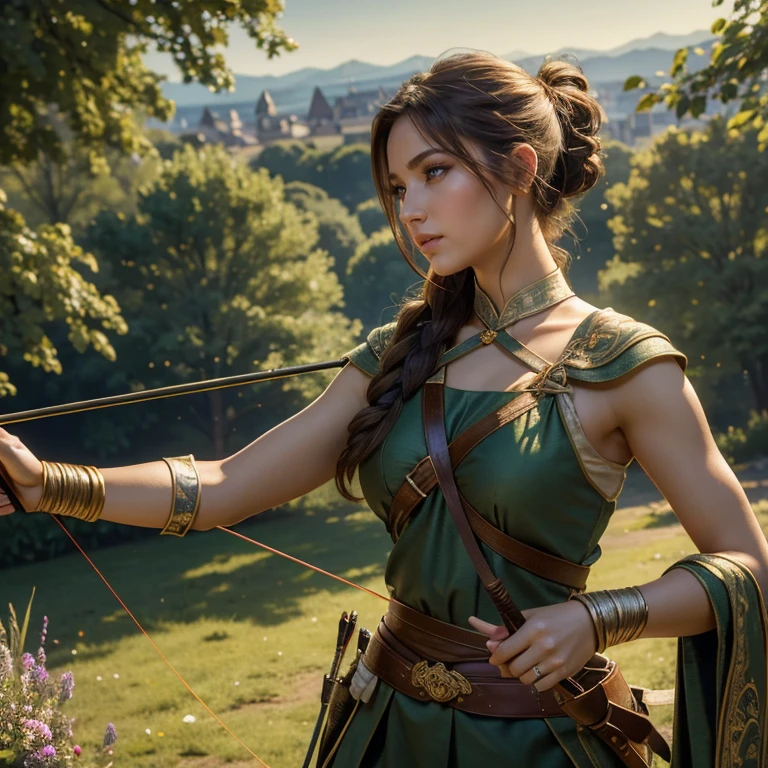 (Archer, bow and arrow), rural scenery, the sunlight falls on the archer, who is fully focused on practicing archery skills. The entire scene is filled with tranquility and persistence, with a beautiful rural scenery in the background, complemented by bright sunshine, full body, (Photography), panoramic view, award-winning, cinematic still, emotional, vignette, dynamic, vivid, (masterpiece, best quality, Professional, perfect composition, very aesthetic, absurdres, ultra-detailed, intricate details:1.3)