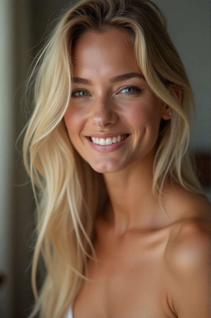 A blonde strips naked with cum on her face