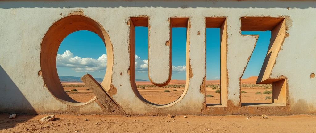 A poster on a deserted outside wall, Cut in letter format, (text:"Bible Quiz") the word, Big Bold, Draw inside the cutout, BREAK Art that inspires creators to create images, An aesthetic world that unfolds behind the characters, Add text to the bottom of the screen, (text:"Break the barriers of creativity!")