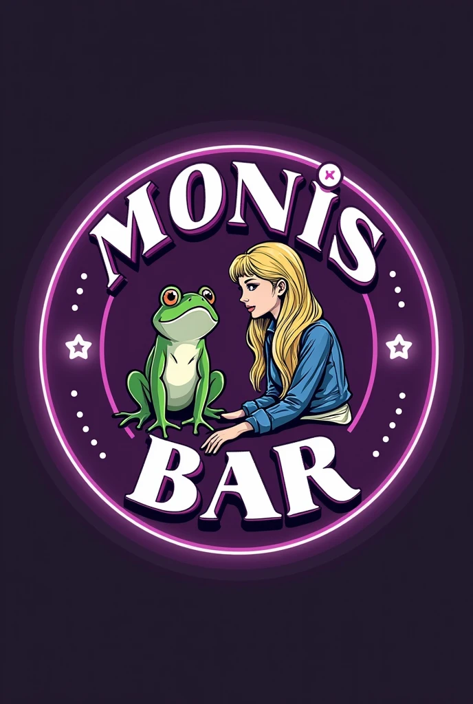 logo for a bar in a circle , what say (MONIS BAR) purple with a frog and a blonde doll