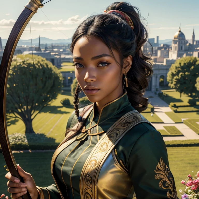 (​masterpiece, best quality:1.5), highest quality, High resolution, super detailed, Realists, Upper body photo of a black female archer, black hsutdetailed and beautiful eyes, beautiful detailed lips, very detailed eyes and face, longeyelashes, Archer in battle dress, Elegant details in the fabric. Beautiful and colorful makeup, ponytail hairstyle, Gardens as background, bright daylight, bright colors, fine brushstrokes, Portrait style, beautiful color palette, glowing skin, First-class rendering, that captures every detail, enchanting atmosphere, (perfect anatomy:1.2), (The stunning archer holds a bow.  (magnificent panorama view:1.2)