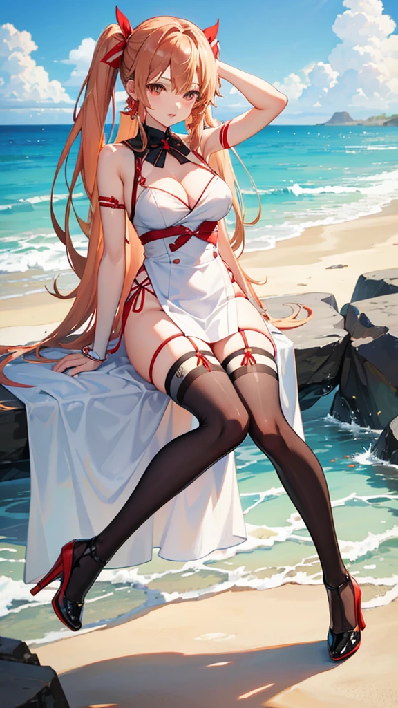 Spawns Asuna Yukki in stockings and high heels on the beach