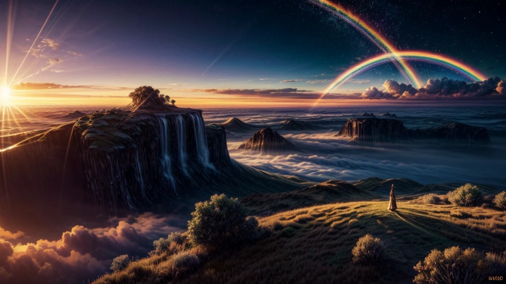 a spiritual virtual reality landscape, the sun and the moon in the sky, golden light shining through clouds, blue light radiating from the horizon, a rainbow arcing across the scene, highly detailed, photorealistic, 32k UHD masterpiece, stunning colors, cinematic lighting, ethereal atmosphere, dreamlike ambiance, immersive, captivating, awe-inspiring, golden