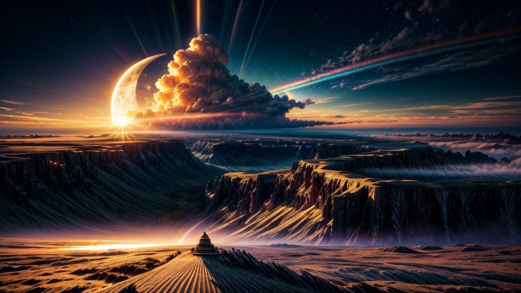 a spiritual virtual reality landscape, the sun and the moon in the sky, golden light shining through clouds, blue light radiating from the horizon, a rainbow arcing across the scene, highly detailed, photorealistic, 32k UHD masterpiece, stunning colors, cinematic lighting, ethereal atmosphere, dreamlike ambiance, immersive, captivating, awe-inspiring, golden