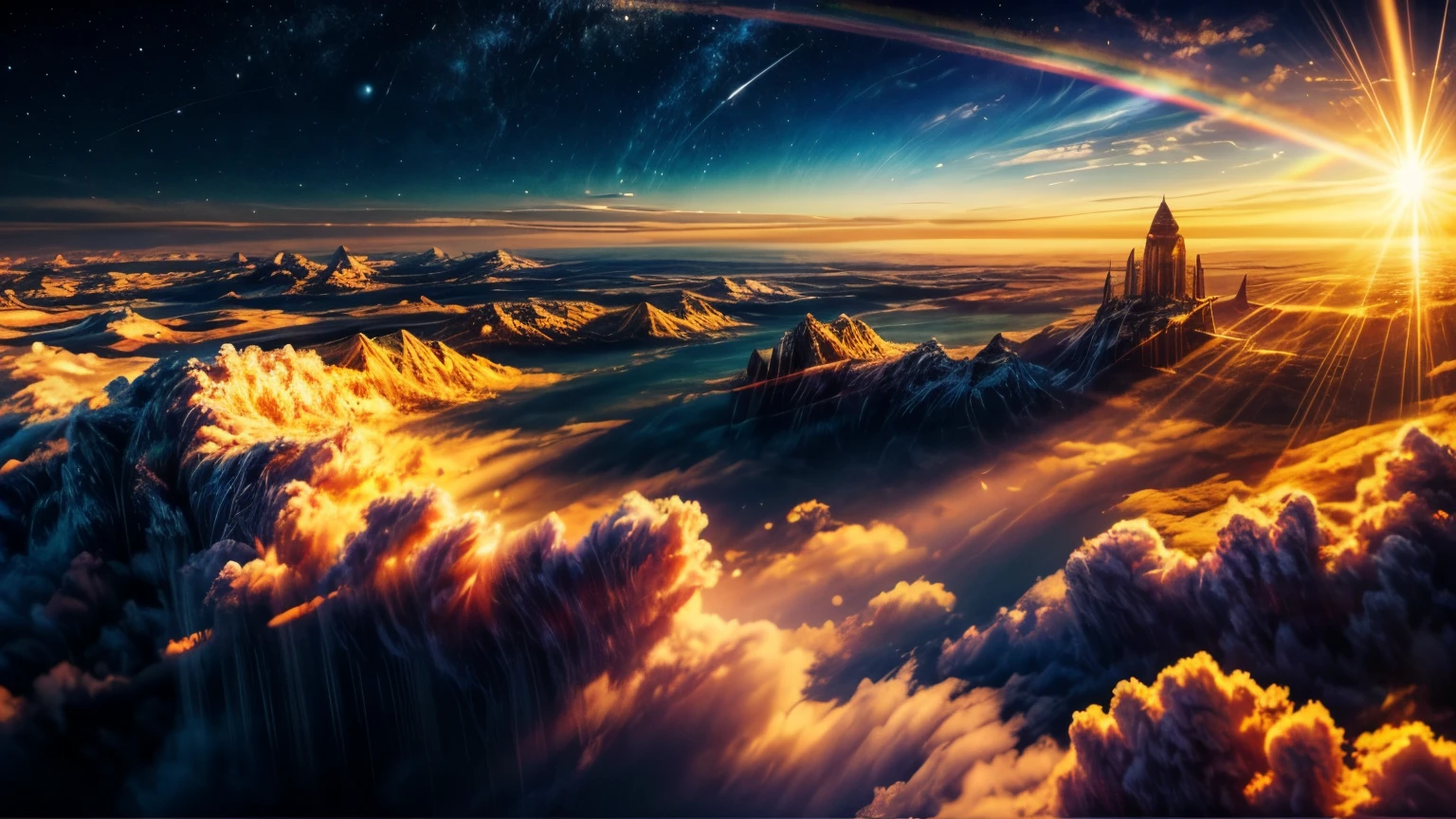 a spiritual virtual reality landscape, the sun and the moon in the sky, golden light shining through clouds, blue light radiating from the horizon, a rainbow arcing across the scene, highly detailed, photorealistic, 32k UHD masterpiece, stunning colors, cinematic lighting, ethereal atmosphere, dreamlike ambiance, immersive, captivating, awe-inspiring, golden