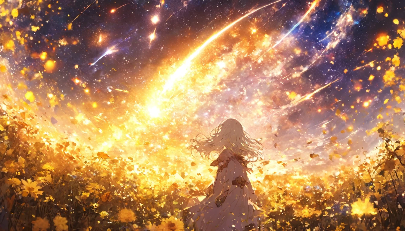 masterpiece, Concept Art, Panorama, in the center, shape, Wide Shot, 1 girl, garden, night, (meteor), Space galaxy background, (Great composition, Epic scale), Dynamic Lighting, Bright colors,  A girl with long, fragile white hair、yellow