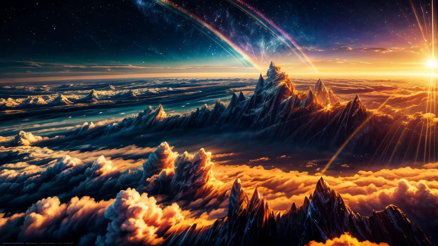 a spiritual virtual reality landscape, the sun and the moon in the sky, golden light shining through clouds, blue light radiating from the horizon, a rainbow arcing across the scene, highly detailed, photorealistic, 32k UHD masterpiece, stunning colors, cinematic lighting, ethereal atmosphere, dreamlike ambiance, immersive, captivating, awe-inspiring, golden
