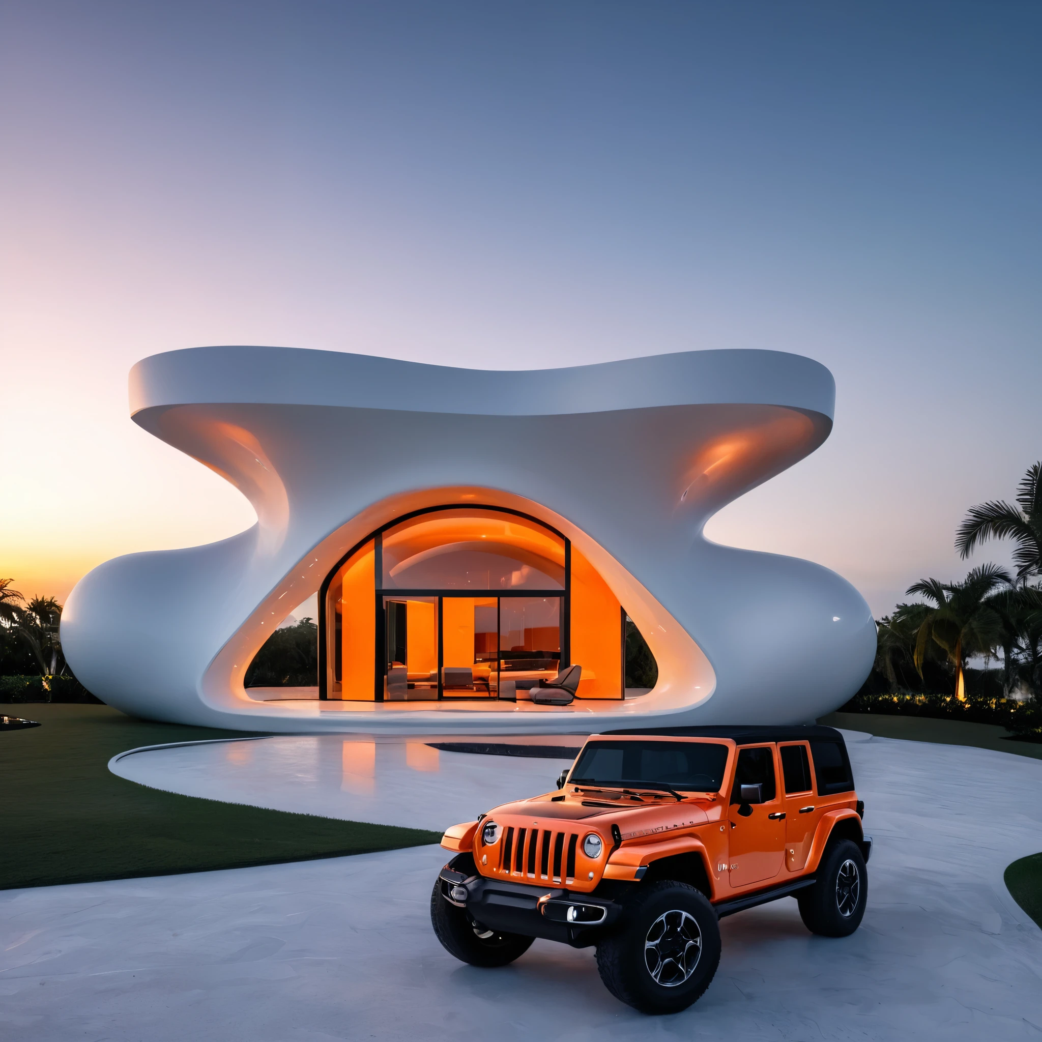 a futuristic house with an orange jeep wrangler parked in front of it, cgsocietywlop, beautiful curves, intricate devilish designs, qualia, interesting shapes & form, wow factor, elaborate polished, architectural rendering, miami, orange soft lighting in interior of house, futuristic battlefield, inspired by James E. Brewton, precise architectural rendering