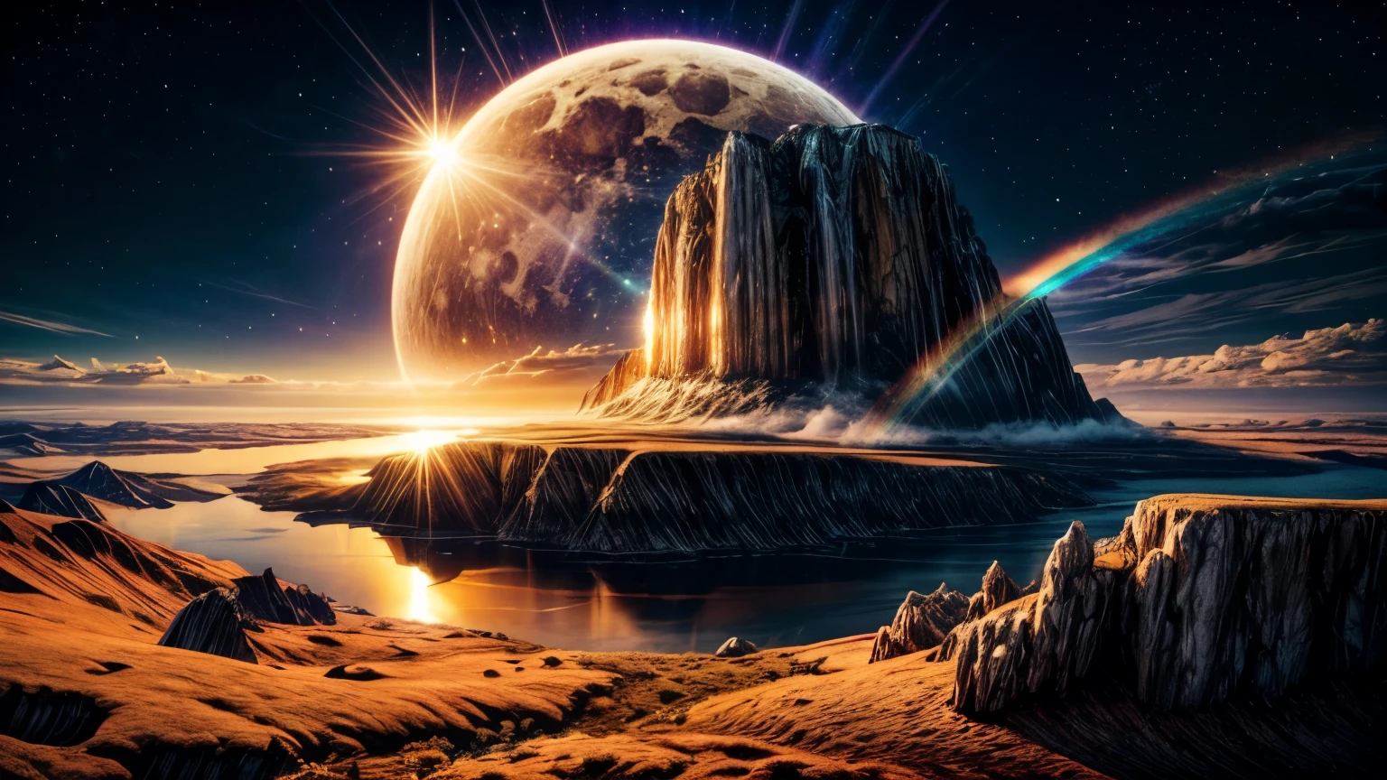 a spiritual virtual reality landscape, the sun and the moon in the sky, golden light shining through clouds, blue light radiating from the horizon, a rainbow arcing across the scene, highly detailed, photorealistic, 32k UHD masterpiece, stunning colors, cinematic lighting, ethereal atmosphere, dreamlike ambiance, immersive, captivating, awe-inspiring, golden
