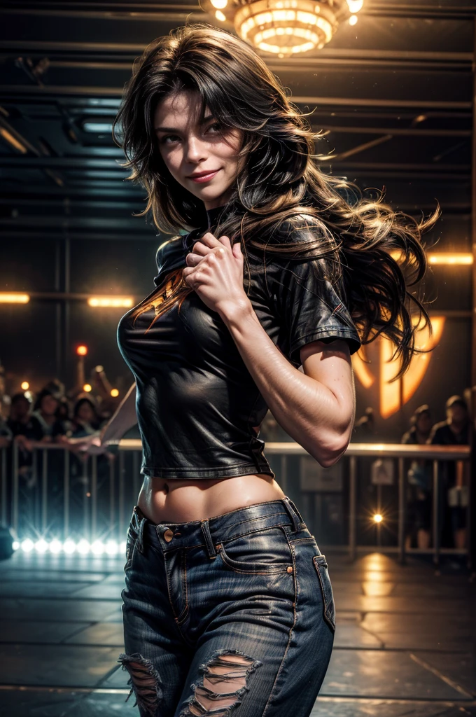 (masterpiece, best quality:1.2), cowboy shot, solo, 1girl, cinder fall, evil smile, looking at viewer, long hair, t-shirt, jeans, future_urban, in dance club, crowd, (volumetric lighting), sharp focus, hyper detailed