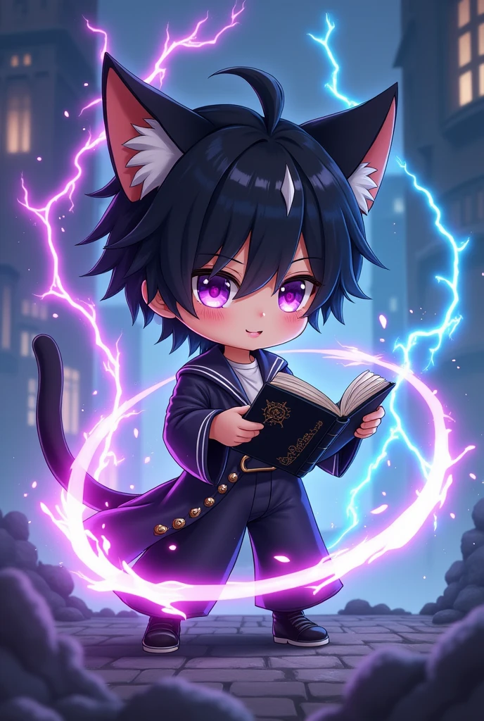 Anime figure of a boy with cat ears, Anime moe art style, demon slayer rui fanart, chibi!!! Kitten, Chibi Anime Boy, black-haired wizard with white streaks and black open magic book with decorations in one hand, Anime-Chibi, anime Kitten, Mihoyo art style, advanced digital chibi art, chibi art, black and white clothes, Several magical circles in different colors fly around the boy, background destroyed city, more purple lightning and blue fire