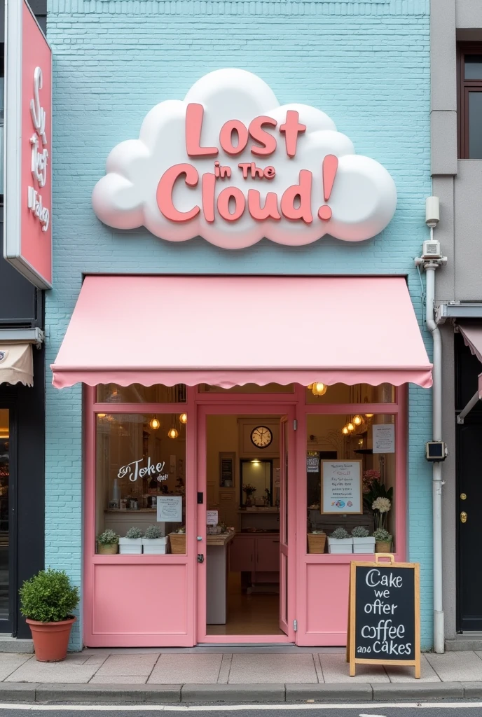 Image of a large cafe with the name Lost in The Cloud! on the top and coffee shop on the bottom in small letters, Located in the center of Tokyo, pastel pink, White and light blue, a sign outside saying we offer coffee and cakes