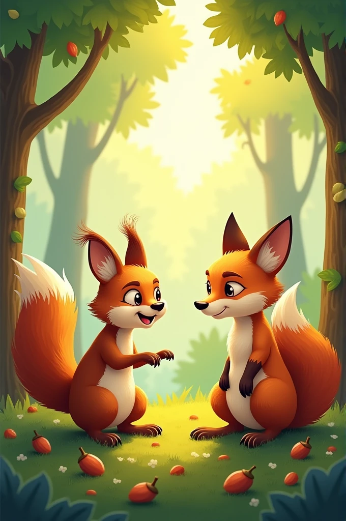 A squirrel and a fox talking in a cartoon