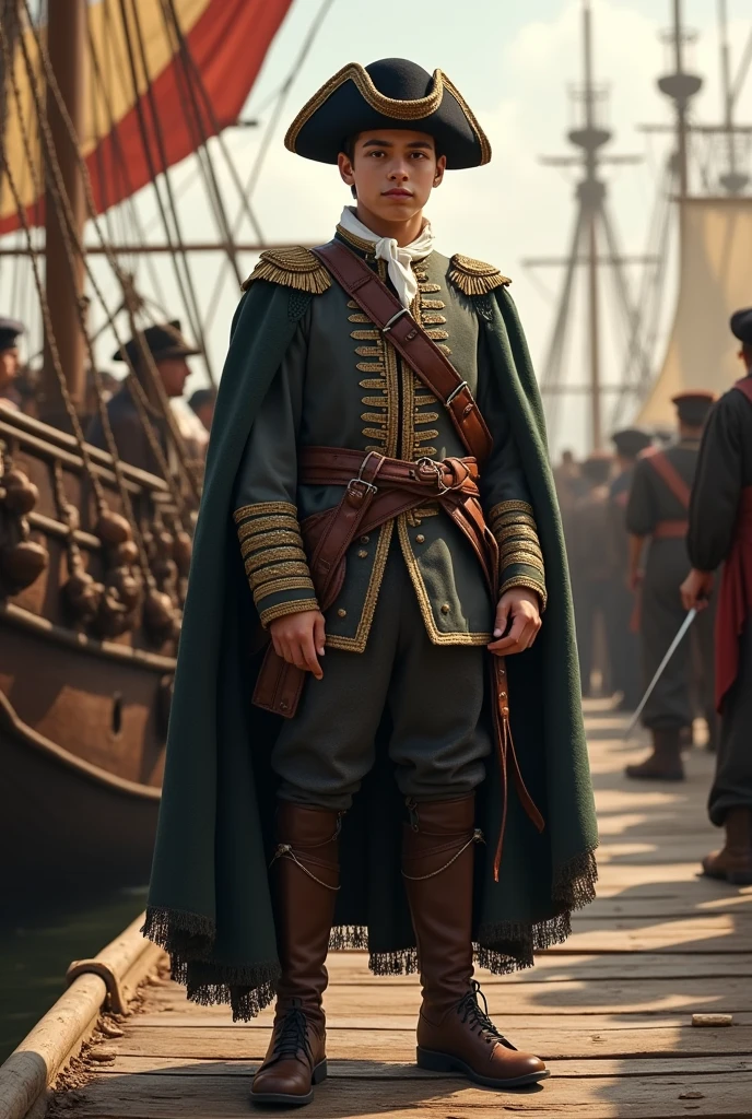 **Miguel de Cervantes, as a young man in the 16th century, enlisting in the Spanish Armada, wearing military attire of the period, on a busy dock with ships and sailors in the background, mid-shot, hyper-realistic, photo realism, cinematography --ar 9:16**