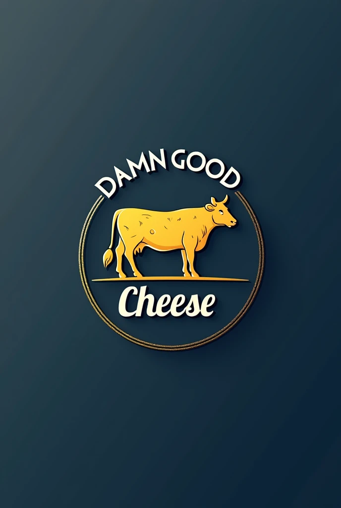 create a rectangular business card with a dark blue background, in the left corner there should be a logo written: damn good cheese , within an exagone, behind this logo there should be a silhouette of a golden cow