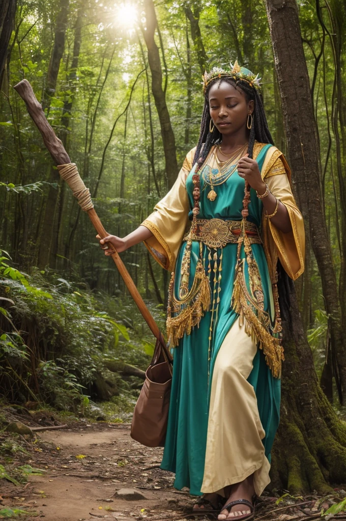 (((Goddess Jurema UHD ))) presents itself with vibrant clothing rich in symbolism: a long, flowing dress made from natural fabrics, adorned with patterns representing the flora and fauna of the forest. The predominant colors are green, bright blue and gold, that reflect your connection to the earth and the sun. their hair, long and loose, are decorated with wild flowers and feathers from local birds. At your feet, sandals made of vines and leaves, that seem almost part of the earth itself.

She carries a ritualistic staff, carved from ancient tree wood, with carvings representing forest spirits and symbols of protection. This stick is not just an accessory, but a powerful magical instrument that she uses in her practices.

His working tools include a small clay cauldron, where he mixes herbs and roots to create potions and remedies. Furthermore, Jurema has a leather bag containing enchanted stones, that uses to invoke and direct spiritual energies.

Magic and Powers:

Earth Prayer: Jurema recites ancient incantations that make the earth reverberate in harmony, restoring natural balance and healing areas affected by imbalances or damage.

Vision of the Past: Using your staff, Jurema can visualize past events to better understand the origin of problems or mysteries, helping to bring hidden secrets to light.

Flame of Purification: She lights a ritualistic fire that purifies and transforms negative energies into positive ones., promoting healing and spiritual renewal.

Communion with the Spirits: Jurema summons protective spirits of the forest for advice and assistance, establishing deep communication with the spiritual world UHD 18K
