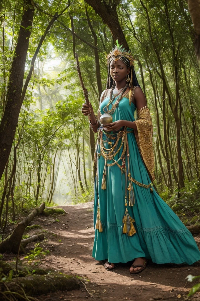 (((Goddess Jurema UHD ))) presents itself with vibrant clothing rich in symbolism: a long, flowing dress made from natural fabrics, adorned with patterns representing the flora and fauna of the forest. The predominant colors are green, bright blue and gold, that reflect your connection to the earth and the sun. their hair, long and loose, are decorated with wild flowers and feathers from local birds. At your feet, sandals made of vines and leaves, that seem almost part of the earth itself.
She carries a ritualistic staff, carved from ancient tree wood, with carvings representing forest spirits and symbols of protection. This stick is not just an accessory, but a powerful magical instrument that she uses in her practices.
His working tools include a small clay cauldron, where he mixes herbs and roots to create potions and remedies. Furthermore, Jurema has a leather bag containing enchanted stones, that uses to invoke and direct spiritual energies.
Magic and Powers:
Earth Prayer: Jurema recites ancient incantations that make the earth reverberate in harmony, restoring natural balance and healing areas affected by imbalances or damage.
Vision of the Past: Using your staff, Jurema can visualize past events to better understand the origin of problems or mysteries, helping to bring hidden secrets to light.
Flame of Purification: She lights a ritualistic fire that purifies and transforms negative energies into positive ones., promoting healing and spiritual renewal.
Communion with the Spirits: Jurema summons protective spirits of the forest for advice and assistance, establishing deep communication with the spiritual world UHD 18K