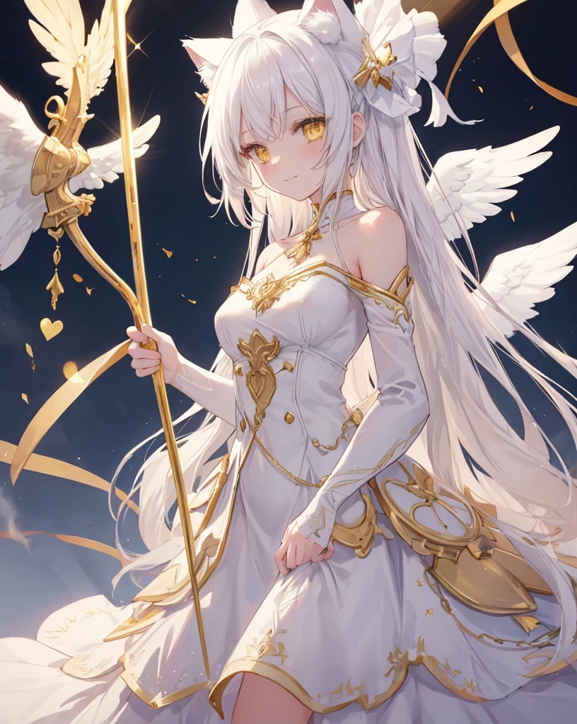  1catgirl, cat ears, (white long hair)) , oversaturated yellow eyes, intricate cool dress. Bare shoulders, white god dress with gold skirt. Portrait. Medium breast. Super detailed. Perfect anime yellow eyes, bare shoulders, white angel Wings. 
 Natural pose.  She's smiling , she's Smart . White fox tail. She's cupid, she's on top of a skyscraper with a bow to Hitting the lovers with a bow (gold bow), (arrow) .she is surrounded by gold hearts. She is surrounded by red hearts. She's flying (midair shot), (flying), As in Greek paintings. 