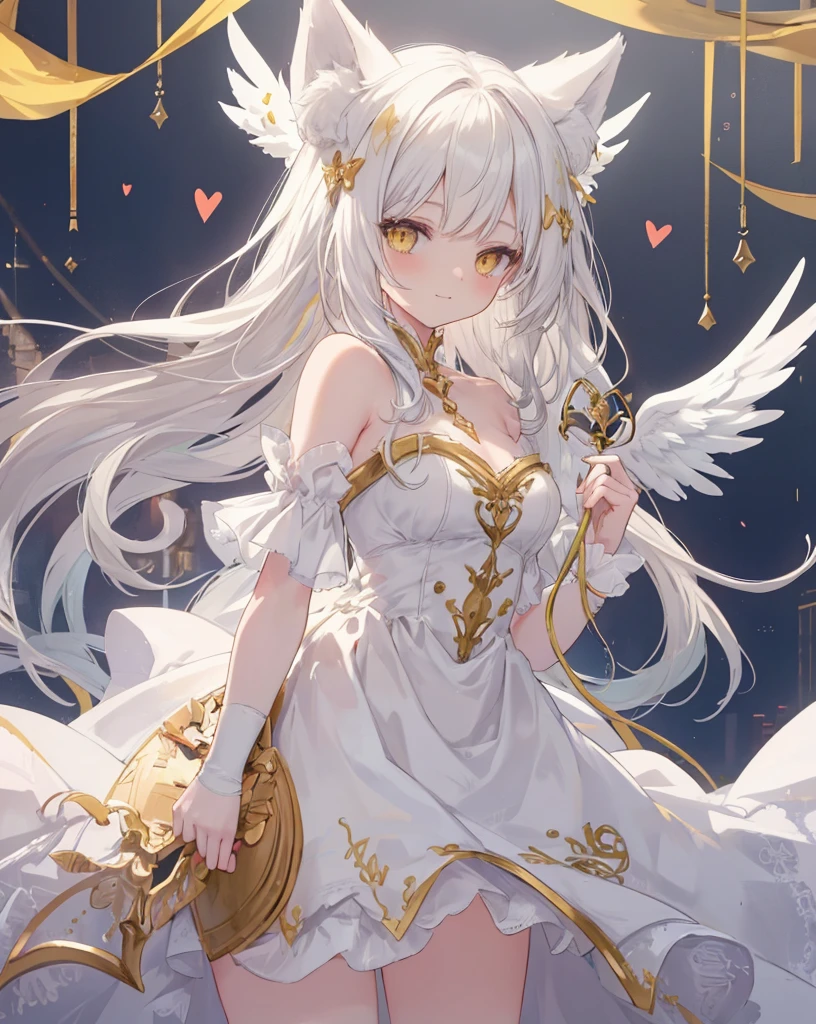 1catgirl, cat ears, (white long hair)) , oversaturated yellow eyes, intricate cool dress. Bare shoulders, white god dress with gold skirt. Portrait. Medium breast. Super detailed. Perfect anime yellow eyes, bare shoulders, white angel Wings.
Natural pose. She's smiling , she's Smart . White fox tail. She's cupid, she's on top of a skyscraper with a bow to Hitting the lovers with a bow (gold bow), (arrow) .she is surrounded by gold hearts. She is surrounded by red hearts. She's flying (midair shot), (flying), As in Greek paintings.