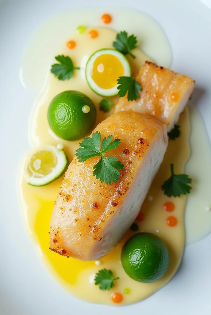 deconstruction of ceviche with blonde sea bass, lime spherifications, Tiger&#39;s milk and cilantro 