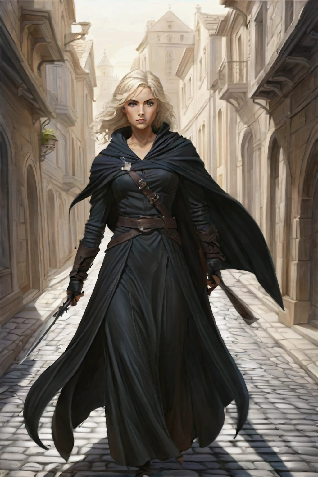 Realistic illustration in watercolor style. Celaena Sardothien walks down a cobblestone street at night, wearing a black leather jumpsuit, a belt with a dagger hanging from it, and a black cape, wearing a hood that covers part of her feminine face. Only the platinum blonde braid of her hair falling over her left shoulder is visible.