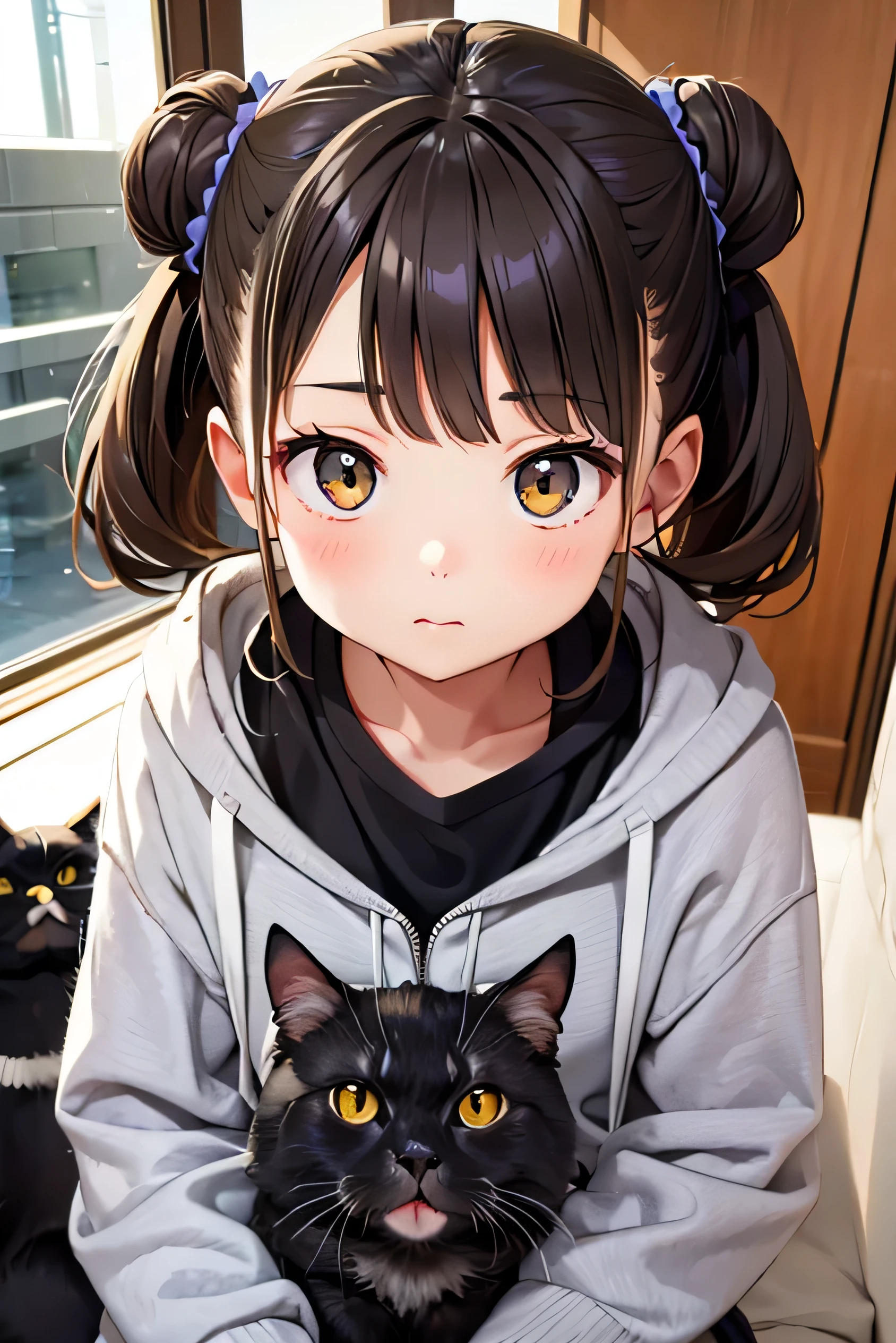 Highest quality、Black catを抱く***、Cute 14 year old girl、Bun hair with brown hair tied、Black cat、Natural look、Long Shot、Natural light