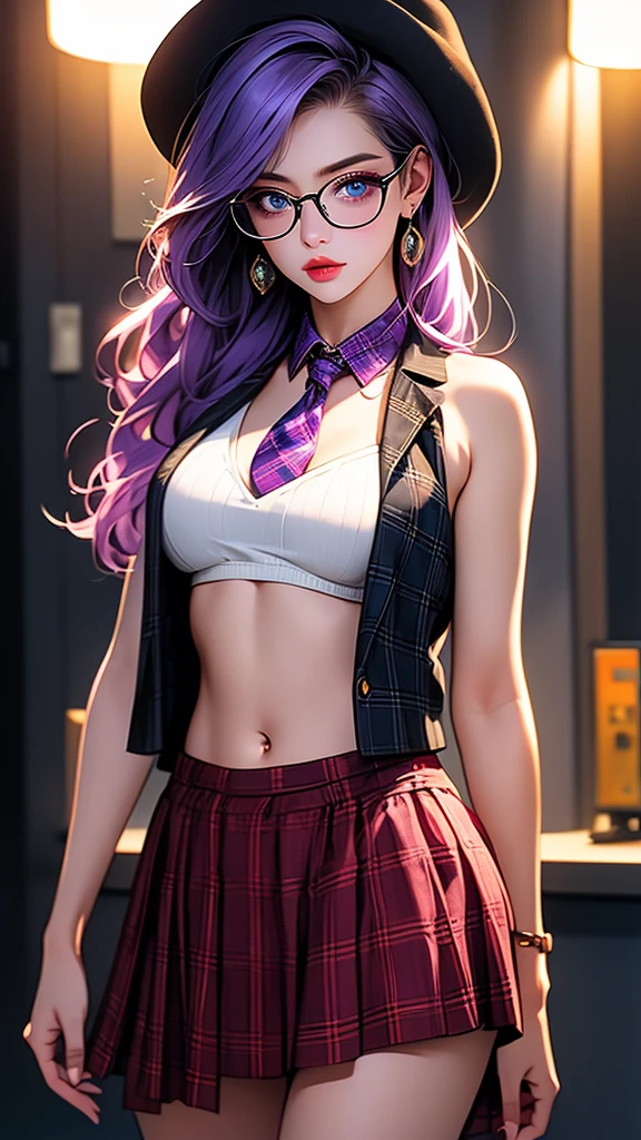 a very beautiful girl with striking blue eyes, wearing a plaid dress, plaid skirt, plaid headwear, plaid shirt, plaid pants, plaid legwear, plaid jacket, plaid scarf, plaid bow, plaid bra, plaid necktie, plaid vest, and checkered skirt, standing with one leg up, detailed face, extremely detailed eyes and face, long eyelashes, beautiful detailed lips, breasts, nipples, pussy, navel, glasses, choker, purple hair, photo-realistic, 8k, highres, masterpiece, extremely detailed, vivid colors, professional studio lighting