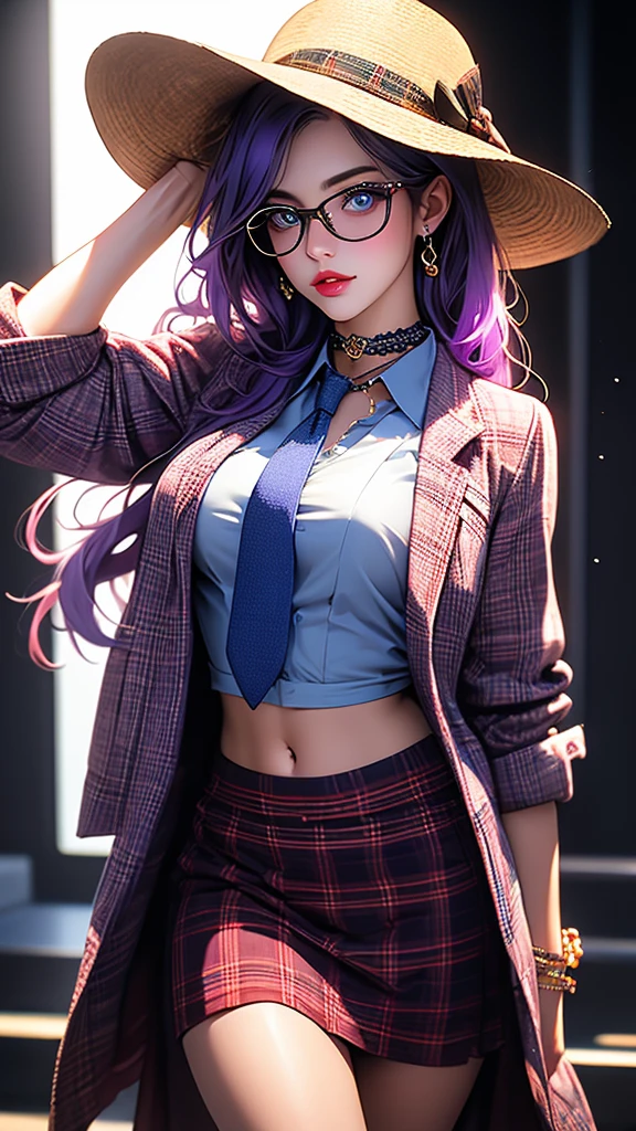 a girl in a plaid outfit, beautiful detailed eyes, beautiful detailed lips, extremely detailed eyes and face, long eyelashes, plaid headwear, plaid skirt, checkered skirt, plaid dress, plaid shirt, plaid pants, plaid legwear, plaid hat, plaid bikini, standing split, checkered, argyle, purple legwear, split, breasts, plaid jacket, plaid panties, standing on one leg, plaid scarf, thighhighs, piercing, unmoving pattern, plaid vest, idol, nipples, solo, checkered legwear, pussy, argyle legwear, plaid necktie, plaid bow, leg up, leg lift, plaid background, navel, glasses, nude, checkered shirt, plaid bra, nipple piercing, plaid ribbon, official alternate costume, large breasts, choker, checkered scarf, purple hair, standing,(best quality,4k,8k,highres,masterpiece:1.2),ultra-detailed,(realistic,photorealistic,photo-realistic:1.37),HDR,UHD,studio lighting,ultra-fine painting,sharp focus,physically-based rendering,extreme detail description,professional,vivid colors,bokeh,portraits