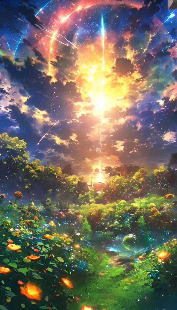 masterpiece, Concept Art, Panorama, in the center, shape, Wide Shot, garden, night, (meteor), Space galaxy background, (Great composition, Epic Scale), Dynamic Lighting, Bright colors, Blue rose,Landscape Long Eyelashes, Round eyes, Silver Hair, Half-closed eyes, sad, Cast a Shadow, Anaglyph, Stereogram, tachi-e, Atmospheric perspective, Wide Shot, reflected light, 8k, Super Detail, Highest quality, Anatomically correct,green