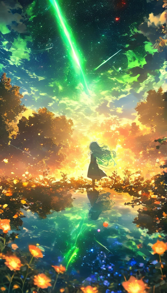 masterpiece, Concept Art, Panorama, in the center, shape, Wide Shot, garden, night, (meteor), Space galaxy background, (Great composition, Epic Scale), Dynamic Lighting, Bright colors, Blue rose,Landscape Long Eyelashes, Round eyes, Silver Hair, Half-closed eyes, sad, Cast a Shadow, Anaglyph, Stereogram, tachi-e, Atmospheric perspective, Wide Shot, reflected light, 8k, Super Detail, Highest quality, Anatomically correct,green
