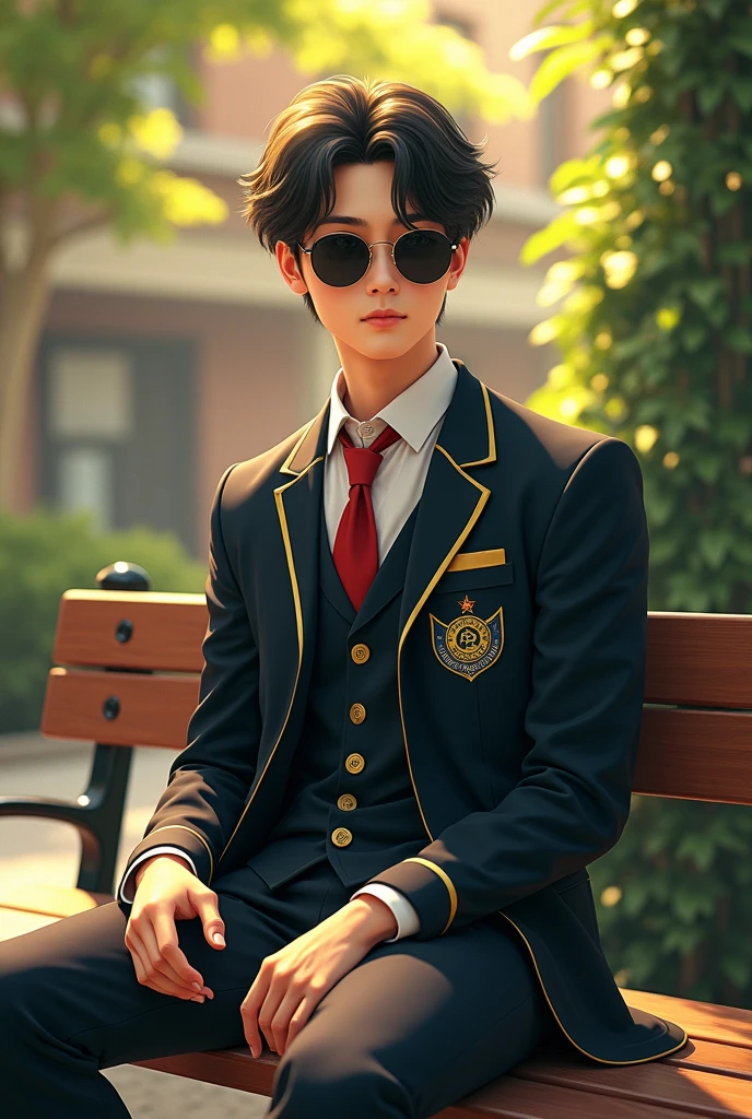(photorealism:1.2), handsome college anime man no beard, wearing faith colleges uniform with sun glasses sitting on school bench, without beard warm lighting, realistic, intricate details by Greg Rutkowski, by Alphonse Mucha