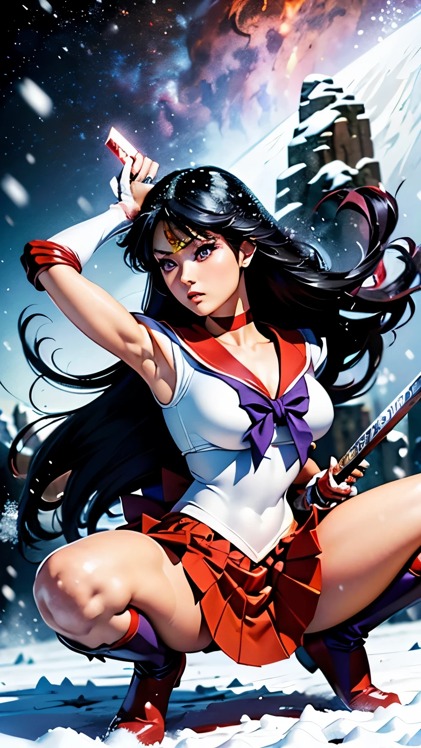 masterpiece、high quality、High resolution、Realistic、professional lighting、Japanese、woman、young、White skin、Toned、muscle、Long legs、Sailor Mars、rei hino、Long black hair, Red inner color、Parted bangs, Purple eyes, Sailor Warrior Uniforms, Star Choker, Red sailor color, Purple ribbon on chest, White leotard, Red pleated skirt, mini skirt, Red knee-high boots, White elbow gloves, assassin、japanese sword、battoujutsu stance,weapon、Combat Ready、Stand with your legs spread、Sit down、Spread your legs、(((snowy)))、(((snowing)))、whole body、Anatomically correct